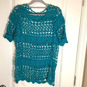 Women's Blue Crochet Sheer Top Short Sleeve Blouse Beach Cover-up Vacation